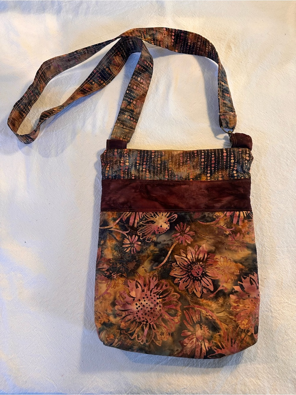 Handmade Floral Batik Crossbody Bag in Burgundy and Brown